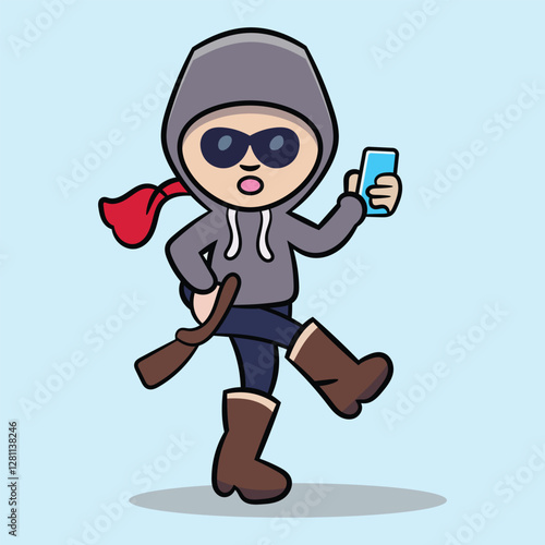 vector thief steal money from one leg phone  cartoon illustration
