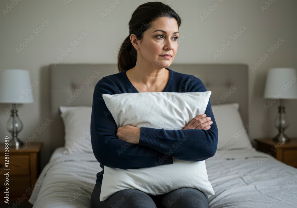 Resilient Middle-Aged Woman Sitting Confidently on Bed with Arms Crossed Resilient Middle-Aged Woman Sitting Confidently on Bed with Arms Crossed