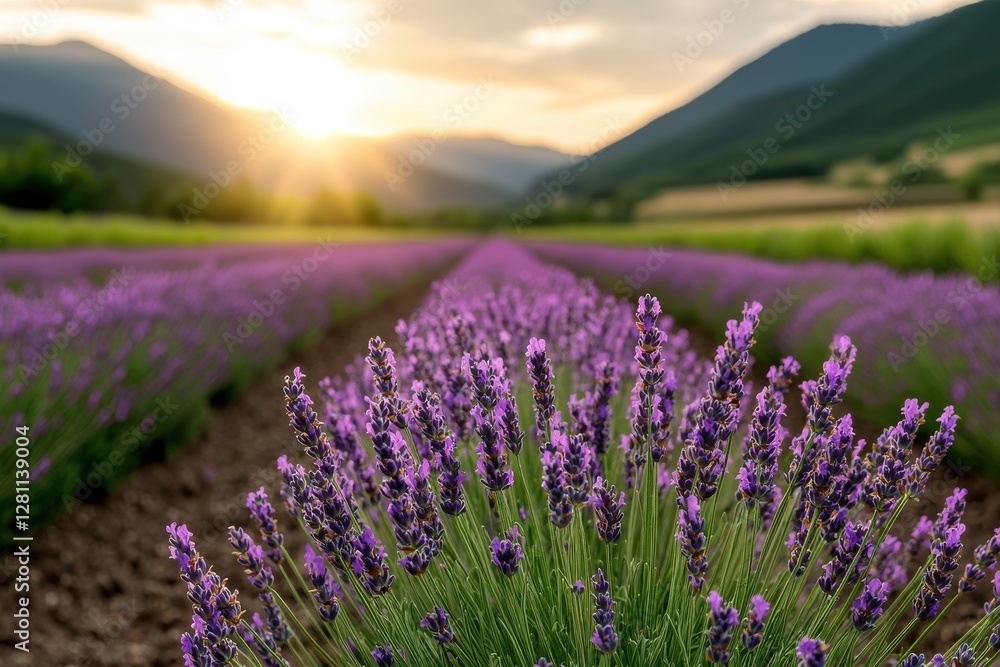 Naklejka premium A stunning lavender field stretches toward distant mountains, bathed in golden sunlight, creating a serene and picturesque landscape at sunset.