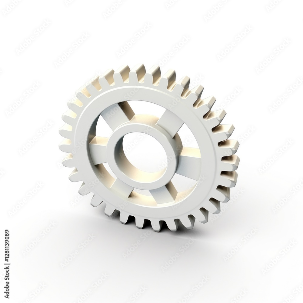 Complex mechanism represented by white metallic gear rotating on a white background Complex mechanism represented by white metallic gear rotating on a white background