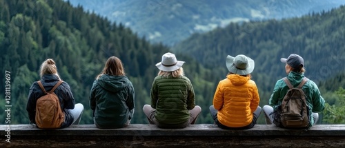A group of friends enjoying a scenic mountain view, sitting side by side, immersed in nature's beauty.