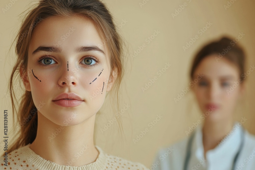 Facial plastic surgery concept. Doctor making marks on woman face, young lady on consultation at surgeon, standing on beige studio background, Generative AI Facial plastic surgery concept. Doctor making marks on woman face, young lady on consultation at surgeon, standing on beige studio background, Generative AI