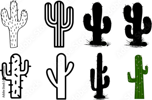 Cactus Vector Set: Succulent, Saguaro, Desert Plant Icons, Minimalist & Detailed Cacti Illustrations, Prickly Pear, Nature, Greenery, Botanical, Outline & Silhouette Designs for Decoration & Print
