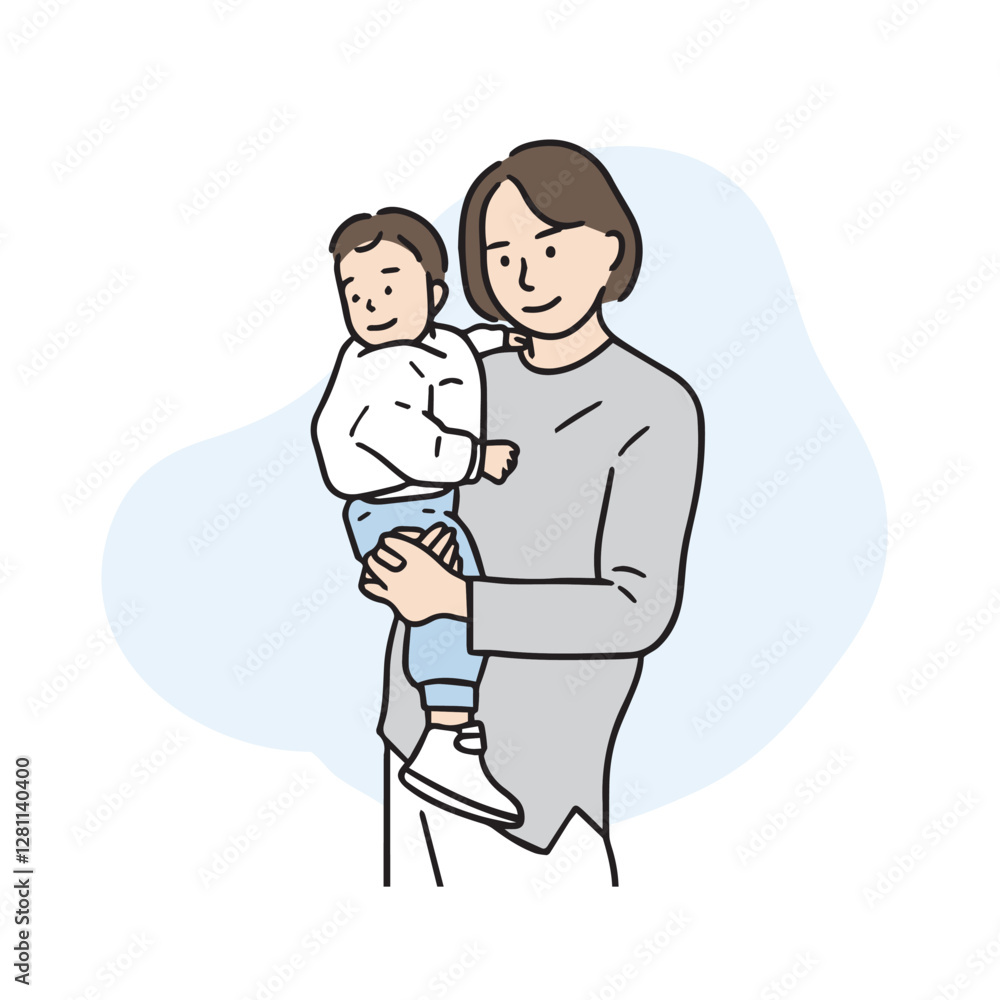 An illustration of a mother holding a young boy. A hand-drawn character vector element. An illustration of a mother holding a young boy. A hand-drawn character vector element.