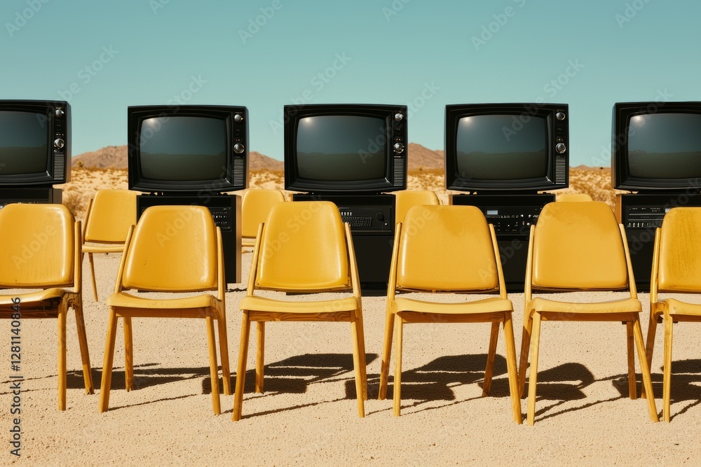 Obraz premium A row of vintage televisions set against a minimalist backdrop, conjuring feelings of nostalgia and embracing retro style, ideal for those who appreciate art and vintage items