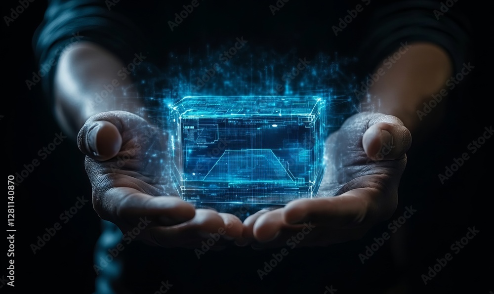 Fototapeta premium Data Protection Concept with a Person Holding a Holographic Cloud Computing Backup System on a Virtual Interface, Generative AI