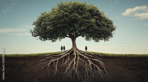 Tree of Life with Expansive Roots and Three People Representing Connection