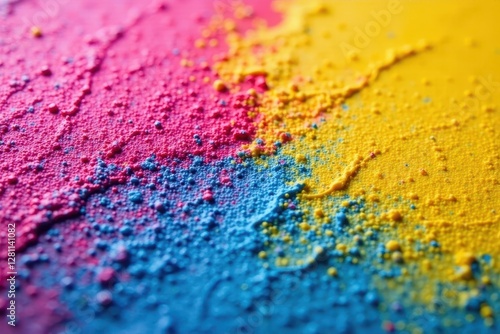 Vibrant, close-up oil paint; pink, blue, yellow hues Textured surface , vibrant, colorful, fine art