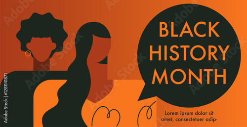 Black history month template with two silhouette dark skinned face head. Abstract minimal vector illustration of black African, African American beautiful women. Racial equality, emancipation concept