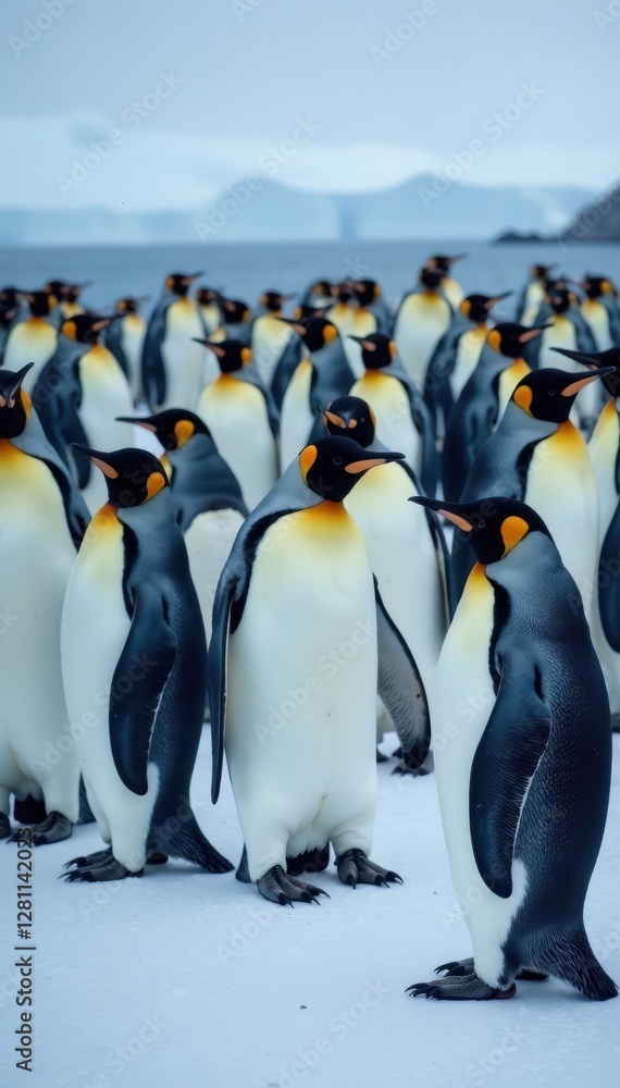 Obraz premium Dense colony of Emperor penguins huddled together on Antarctic ice , nature photography, animal kingdom