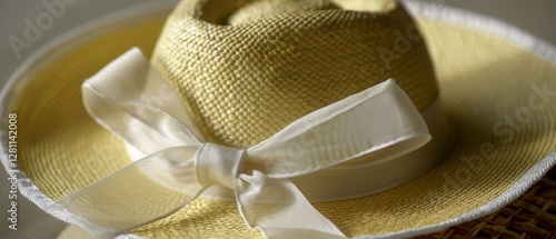 Stylish light coloured straw hat accessory with white ribbon, perfect for summer and beach shots, creating an air of lightness and elegance.