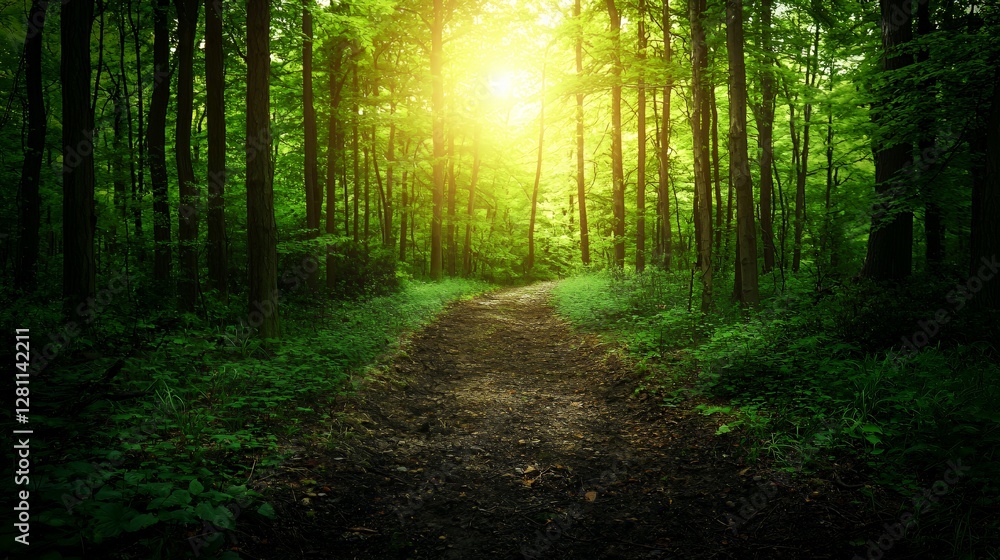 Obraz premium Sunlit Forest Path: A Serene Green Landscape
