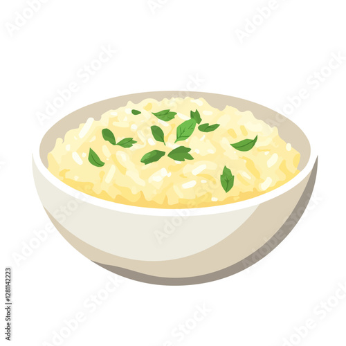 Flat vector risotto, minimalist design, isolated on a white background.

