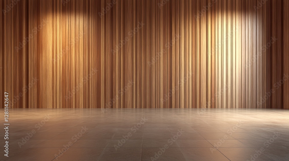 Empty room with wood wall and tiled floor, illuminated by spotlights. Empty room with wood wall and tiled floor, illuminated by spotlights.