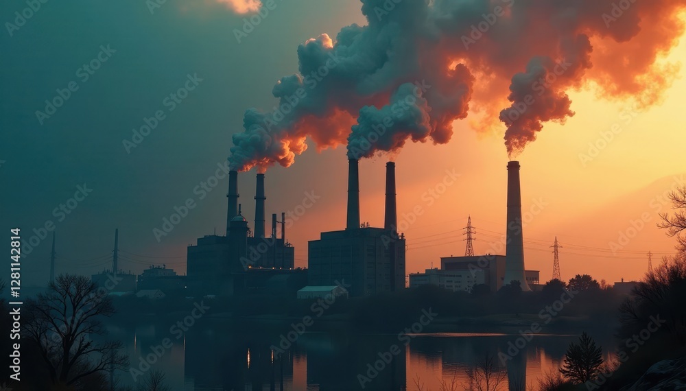 Grimy factory spewing black smoke, toxic haze , energy, environment Grimy factory spewing black smoke, toxic haze , energy, environment