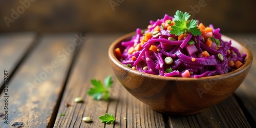 A vibrant purple cabbage salad with carrots and peas, artfully arranged in a rustic wooden bowl, sits on a dark wood surface.