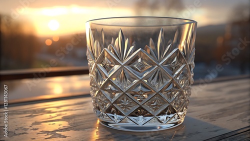 Elegant Crystal Glass Texture with Geometric Facets and Light Reflections sophisticated crystal glass texture featuring sharp geometric facets that catch and refract light, creating a dynamic  photo