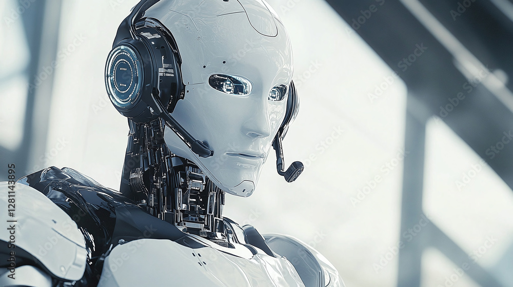 Futuristic Robot Assistant: A sleek, humanoid robot with headset, embodying advanced technology and artificial intelligence for efficient support. Futuristic Robot Assistant: A sleek, humanoid robot with headset, embodying advanced technology and artificial intelligence for efficient support.