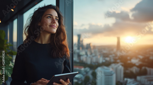 woman with curly hair holds tablet while gazing out at city skyline during sunset, reflecting on her thoughts