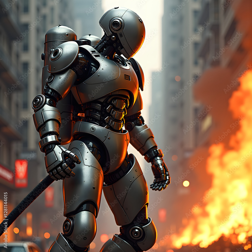 A futuristic silver robot stands in a smoky city street, surrounded by buildings, showcasing advanced technology amidst chaos and urban decay A futuristic silver robot stands in a smoky city street, surrounded by buildings, showcasing advanced technology amidst chaos and urban decay