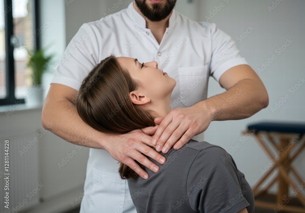 Fototapeta premium Professional Chiropractor Relieving Neck Pain and Shoulder Tension for Female Patient
