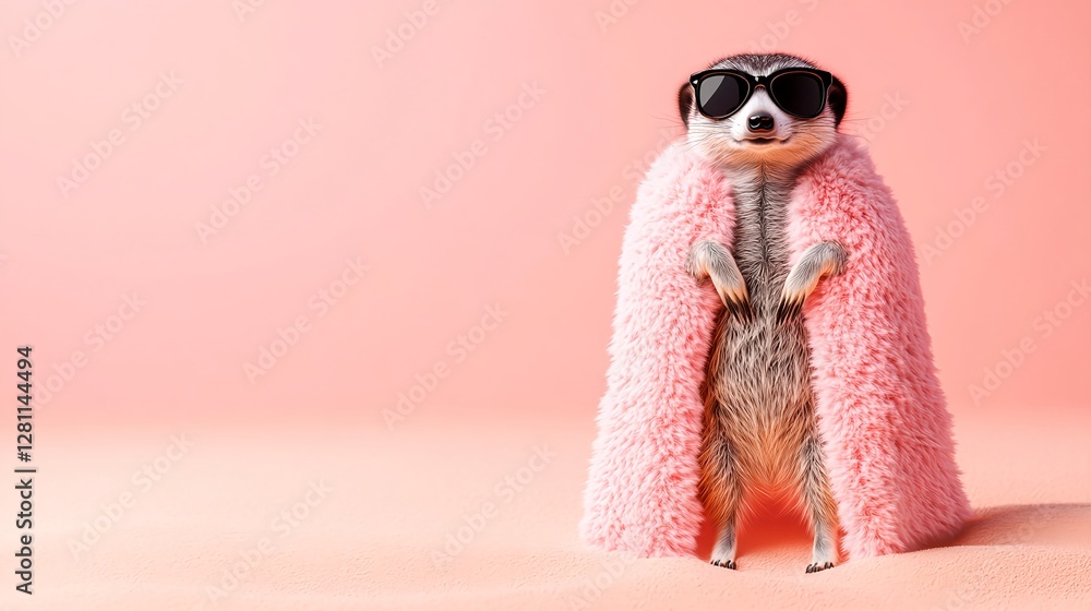 Fototapeta premium Happy Meerkat Standing on Hind Legs in Pink Fur Coat and Sunglasses