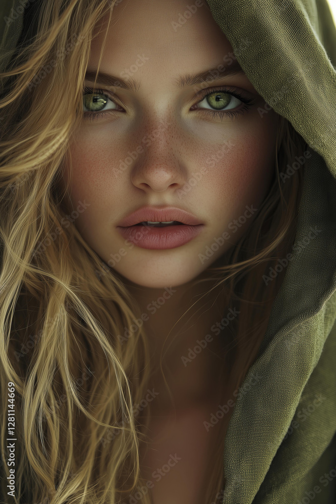 close-up photo of a young woman with piercing green eyes, framed by long, wavy golden-blonde hair cascading over her shoulders. close-up photo of a young woman with piercing green eyes, framed by long, wavy golden-blonde hair cascading over her shoulders.