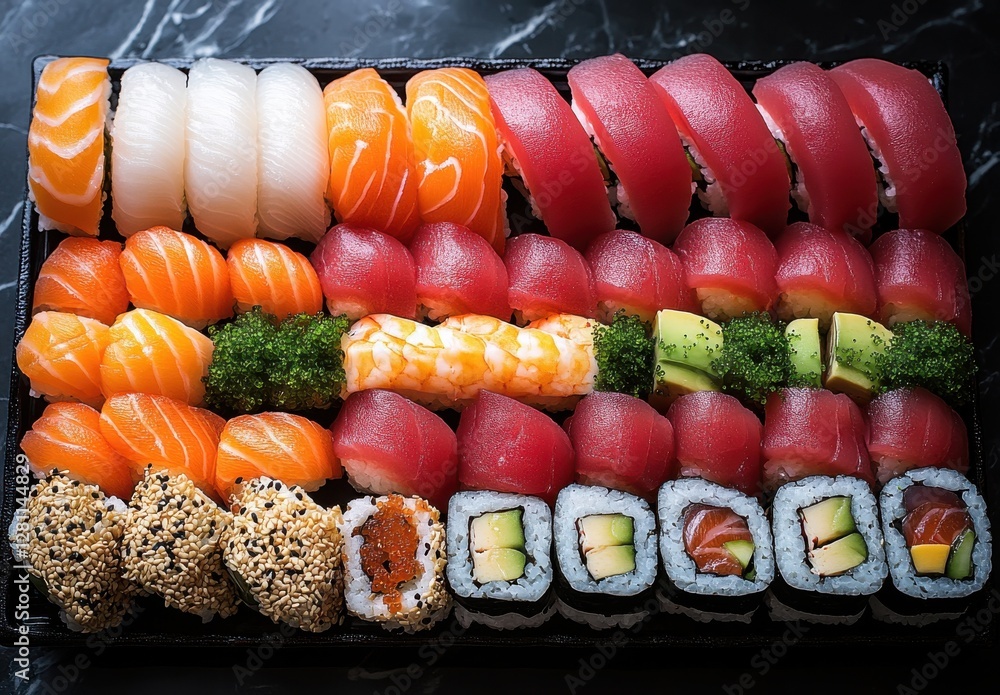 Delicious assortment of sushi rolls featuring salmon, tuna, shrimp, and avocado on a black marble background, perfect for food photography or culinary projects Delicious assortment of sushi rolls featuring salmon, tuna, shrimp, and avocado on a black marble background, perfect for food photography or culinary projects