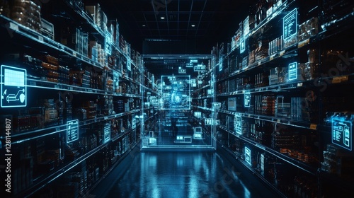 Wallpaper Mural A man standing in a retail store, surrounded by digital icons of shopping carts, data, and technology, signifies the future of retail and the integration of technology into shopping. Torontodigital.ca