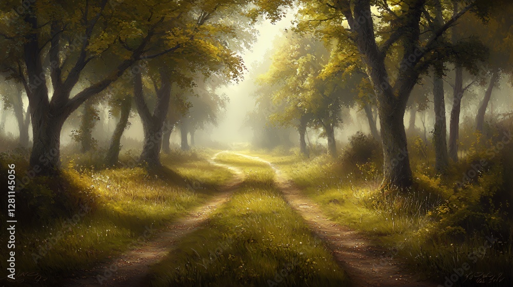 Fototapeta premium Sunlit Forest Path with Foggy Atmosphere