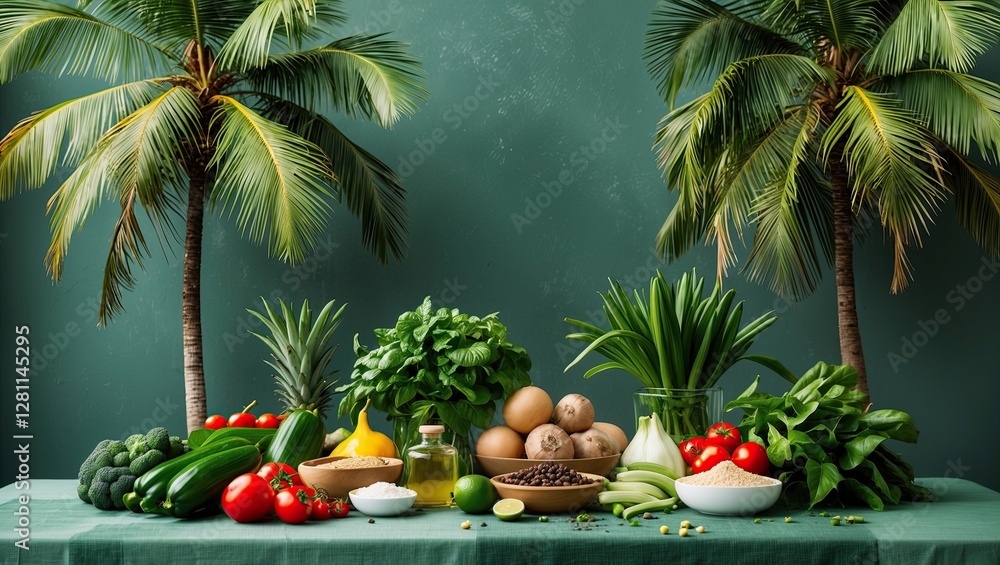 Vibrant assortment of fresh vegetables and herbs arranged aesthetically on a green background with tropical palm leaves Vibrant assortment of fresh vegetables and herbs arranged aesthetically on a green background with tropical palm leaves