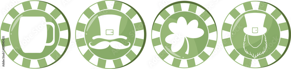set of round green poker chips with various prints for St. Patrick's Day, for various designs and posters set of round green poker chips with various prints for St. Patrick's Day, for various designs and posters
