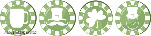 set of round green poker chips with various prints for St. Patrick's Day, for various designs and posters
