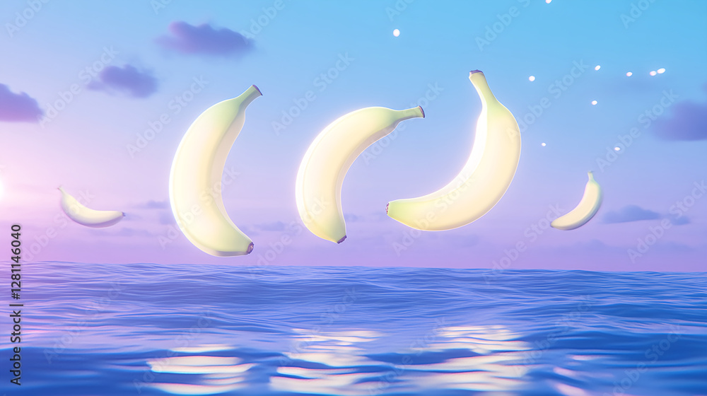 Floating bananas in ocean tropical paradise digital art serenity surreal viewpoint refreshing concept Floating bananas in ocean tropical paradise digital art serenity surreal viewpoint refreshing concept