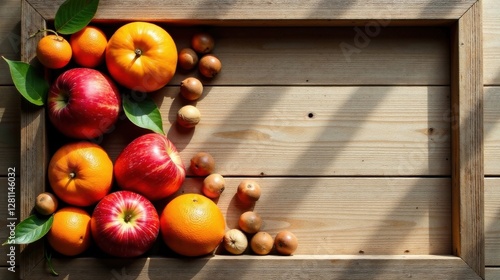 Fototapeta Naklejka Na Ścianę i Meble -  A vibrant arrangement of sunlit apples, oranges, and small round fruits nestled within a rustic wooden frame.
