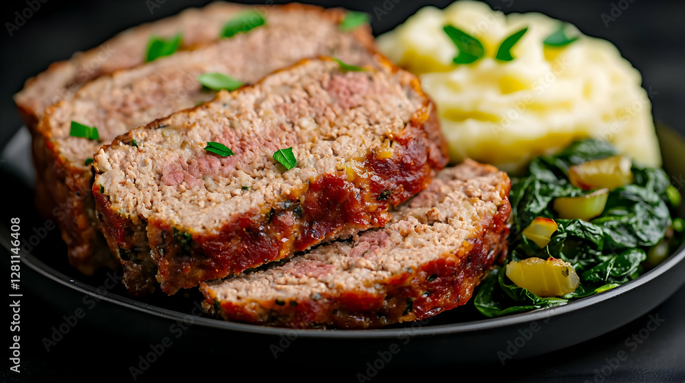 Sliced meatloaf, mashed potatoes, spinach, dinner Sliced meatloaf, mashed potatoes, spinach, dinner