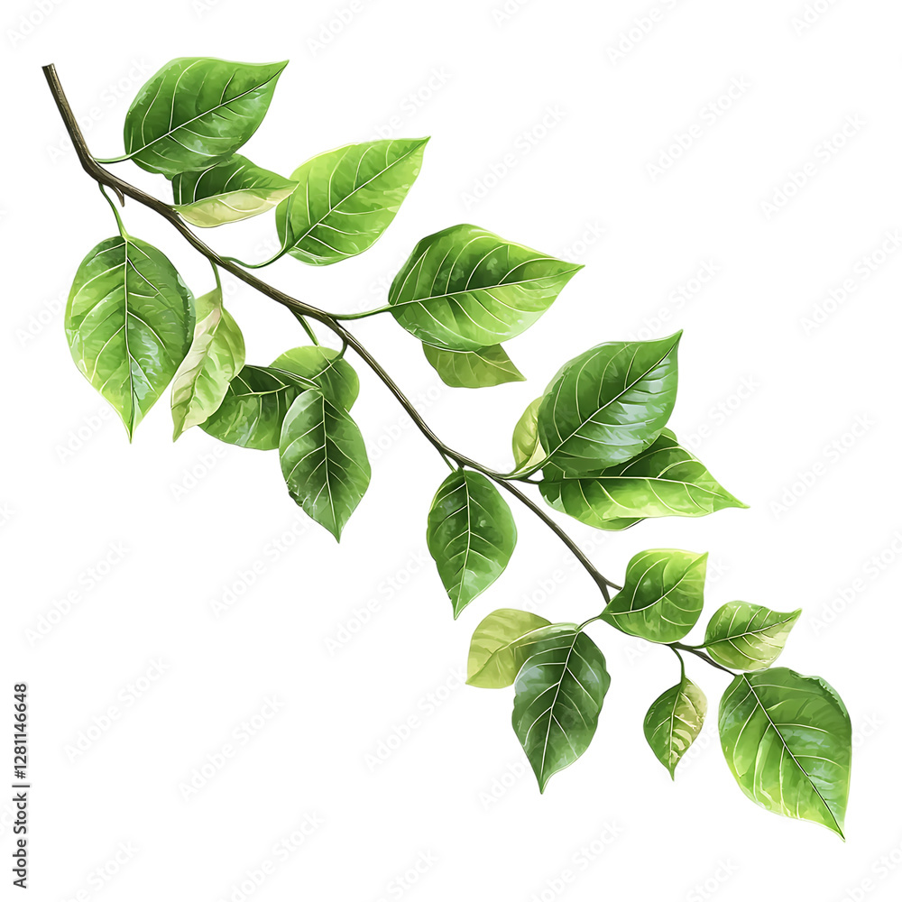 Fototapeta premium Delicate green leafy tree branch angled across the frame providing natural decoration against a pure transparent background for design.
