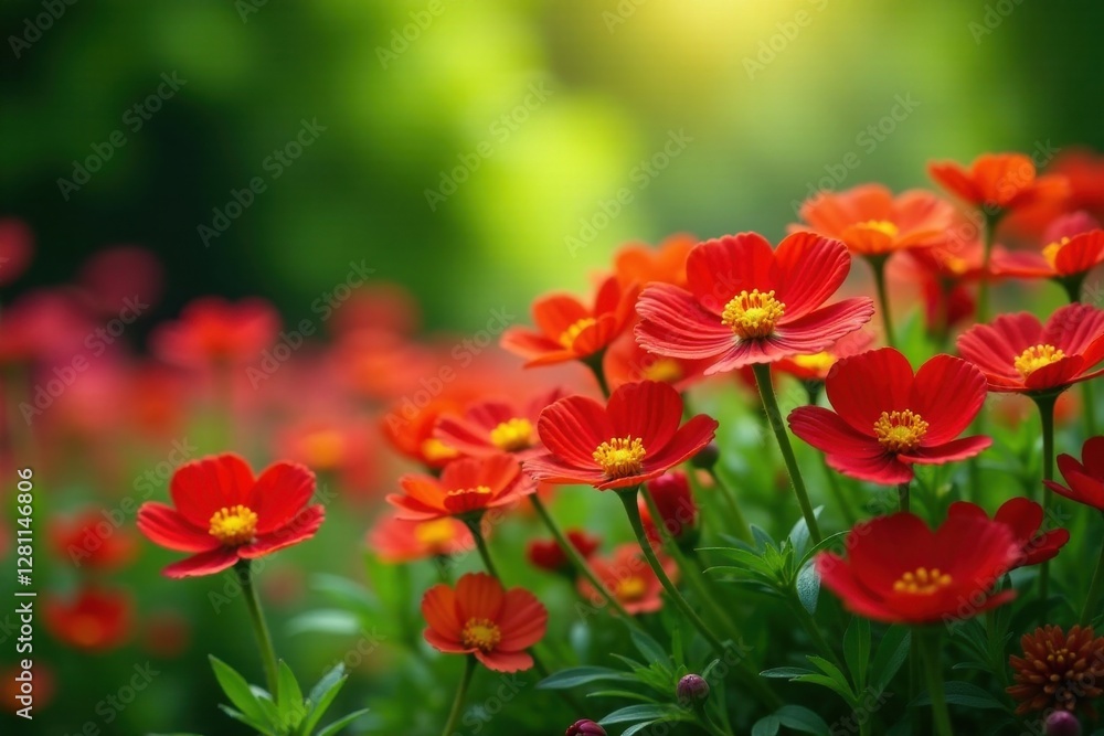 Vibrant Red Flowers Blooming in a Lush Green Garden, a Stunning Display of Natural Beauty Captured in a Breathtaking Image Vibrant Red Flowers Blooming in a Lush Green Garden, a Stunning Display of Natural Beauty Captured in a Breathtaking Image