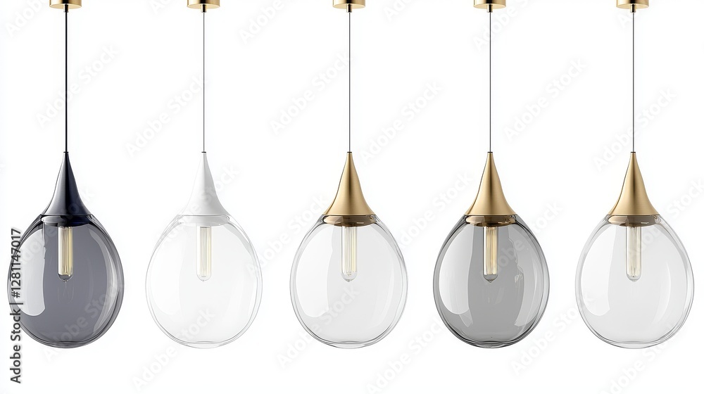 On a white background, a range of contemporary hanging lamps in different designs is presented, ideal for use in interior design banners or lighting product exhibitions On a white background, a range of contemporary hanging lamps in different designs is presented, ideal for use in interior design banners or lighting product exhibitions