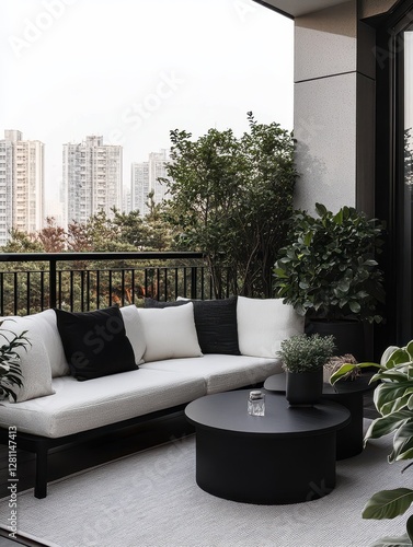 Modern balcony space with a sofa and apartment buildings