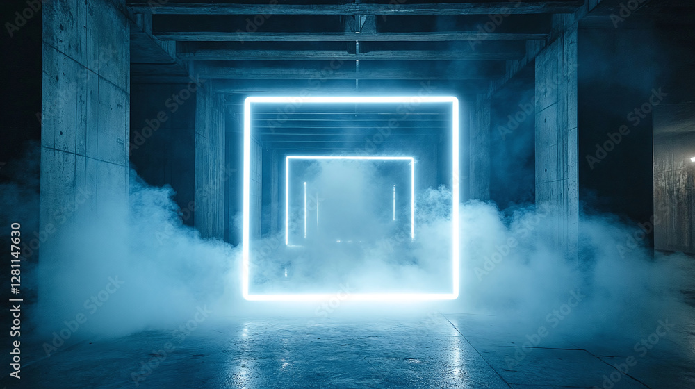 Fototapeta premium Illuminated squares guide through a smoky, geometric void. Concrete structure & neon lights converge to evoke mystery and depth.