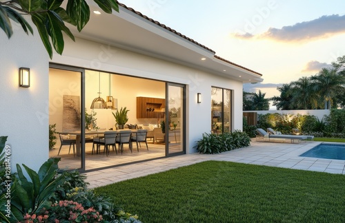 A modern home in South Florida with white stucco walls, large windows, and sliding glass doors leading to an outdoor patio area that has a dining table