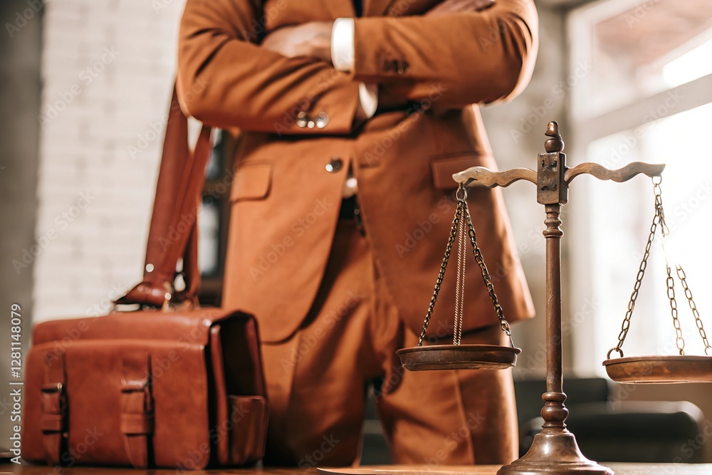 Confident lawyer in a stylish brown suit stands behind scales of justice, symbolizing law and professionalism