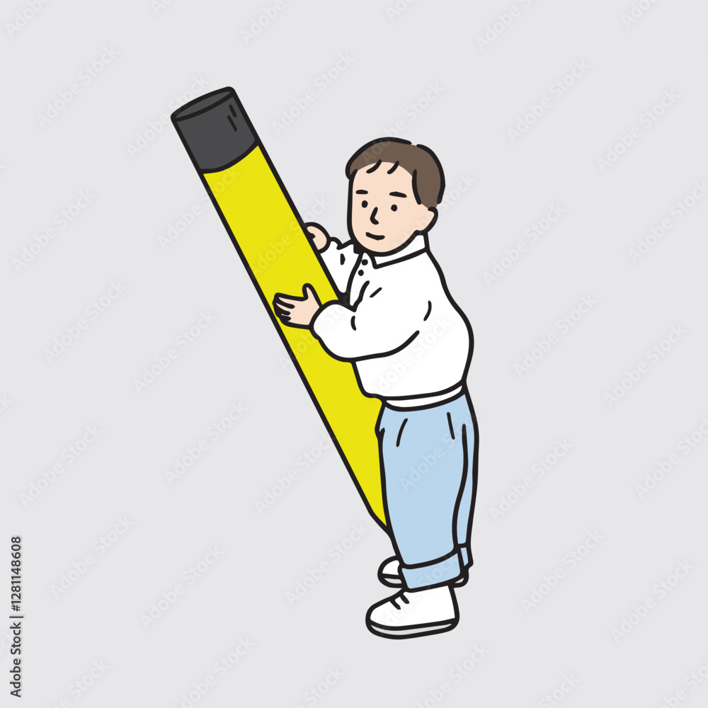 Illustration of a boy holding a large pencil with both hands. Hand drawn vector elements. Illustration of a boy holding a large pencil with both hands. Hand drawn vector elements.
