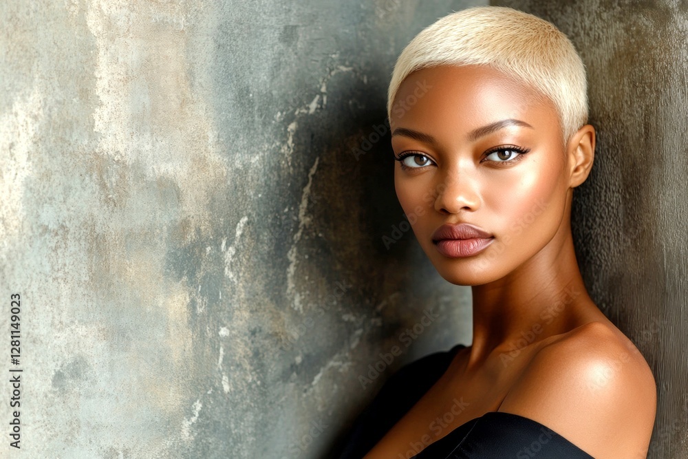 Obraz premium Commercial ad conceptual art art. Pretty calm black girl - for ads, poster and social media use. Short haircut - blond hair. Commercial black portrait. Short hair style. Urban african ads.