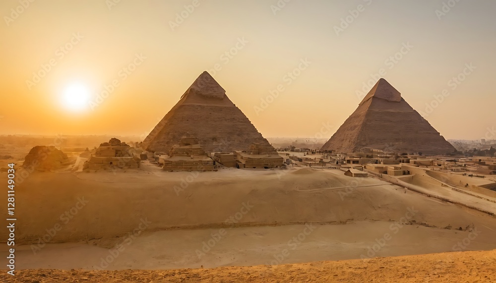Sunset over the Pyramids of Giza, Egypt.Great Pyramids and The camel caravan is in front of the Egyptian pyramids, Giza, Egypt945 Sunset over the Pyramids of Giza, Egypt.Great Pyramids and The camel caravan is in front of the Egyptian pyramids, Giza, Egypt945