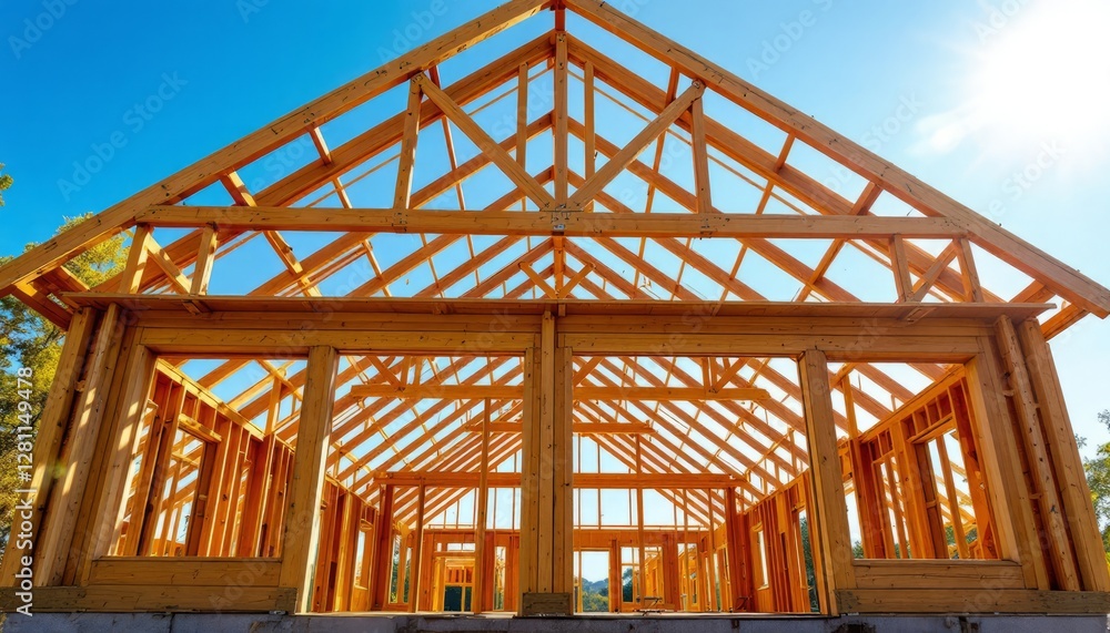 Obraz premium Stunning Construction: An Inside View of a Wooden House Framework Under a Bright Sky