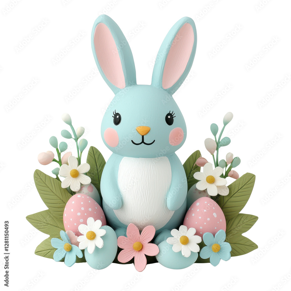 Obraz premium A cute blue bunny surrounded by colorful flowers and decorative eggs, embodying a cheerful, springtime theme.