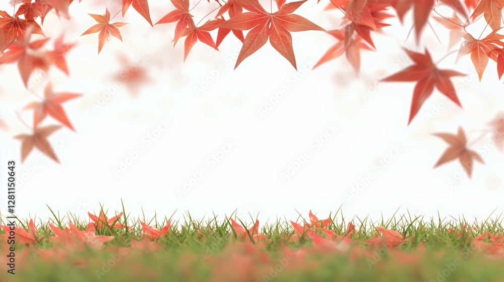 Red Maple Leaves Falling on Green Grass White Background Red Maple Leaves Falling on Green Grass White Background