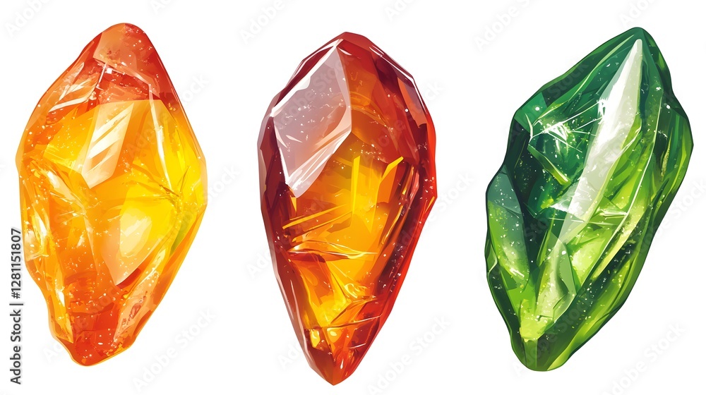 Fototapeta premium Vibrant Vector Style Gemstones in Orange, Yellow, and Green Hues